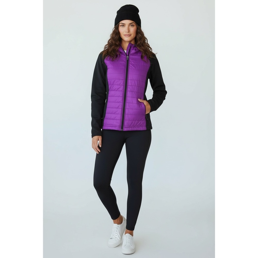 Xersion Women's Medium Puffer Jacket Purple Black Hooded‎ Full Zip Activewear